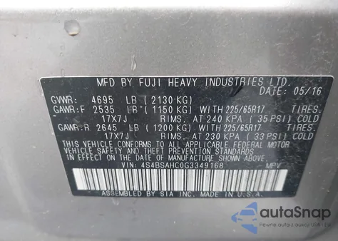 2016 Subaru Outback 2.5I Premium from USA, damaged, VIN 4S4BSAHC0G3349168